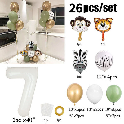 26 bucăți 40 inch cu număr de baloane din folie de animale Decoratiuni pentru prima zi de naștere pentru copii, băieți, fete, 1 2 3 4 5 6 7 8 9 ani, consumabile pentru safari