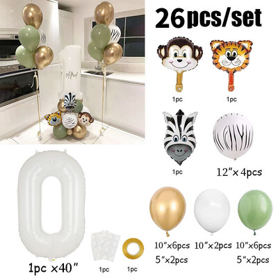 26 bucăți 40 inch cu număr de baloane din folie de animale Decoratiuni pentru prima zi de naștere pentru copii, băieți, fete, 1 2 3 4 5 6 7 8 9 ani, consumabile pentru safari