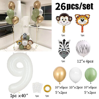 26 bucăți 40 inch cu număr de baloane din folie de animale Decoratiuni pentru prima zi de naștere pentru copii, băieți, fete, 1 2 3 4 5 6 7 8 9 ani, consumabile pentru safari