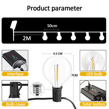 Solar String Lights Εξωτερικά φώτα βεράντας G40, Επαναφορτιστής USB, Λειτουργία 8 φωτός, Αθραυστικοί λαμπτήρες, Κρεμαστό φως στις καιρικές συνθήκες