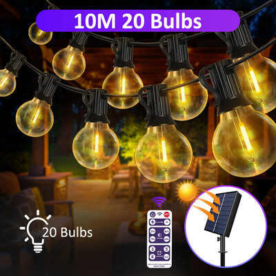 Solar String Lights kültéri G40 terasz lámpák, USB töltő, 8 fény mód, törésálló izzók, időjárásálló függőlámpa
