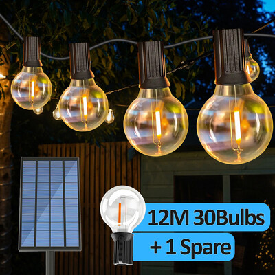 Solar String Lights kültéri G40 terasz lámpák, USB töltő, 8 fény mód, törésálló izzók, időjárásálló függőlámpa