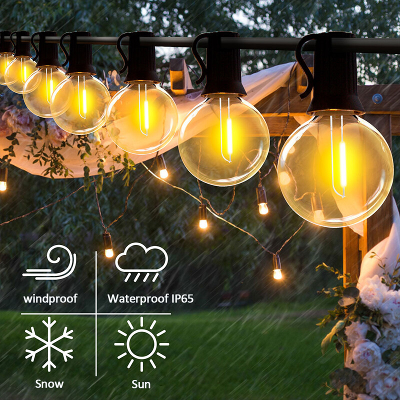 Solar String Lights kültéri G40 terasz lámpák, USB töltő, 8 fény mód, törésálló izzók, időjárásálló függőlámpa