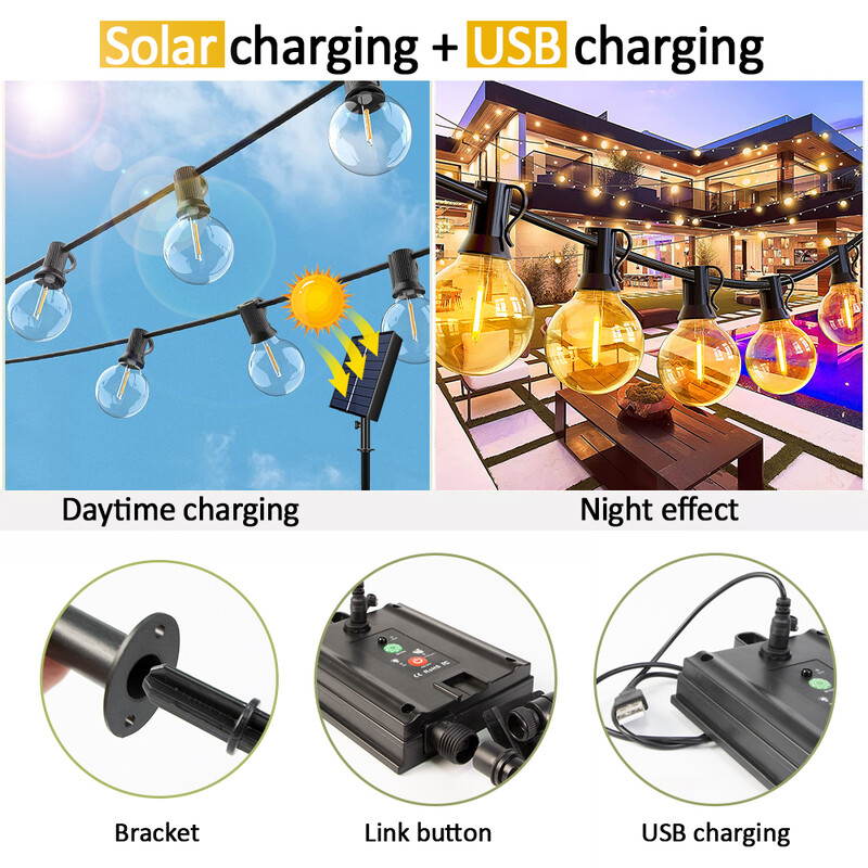 Solar String Lights kültéri G40 terasz lámpák, USB töltő, 8 fény mód, törésálló izzók, időjárásálló függőlámpa