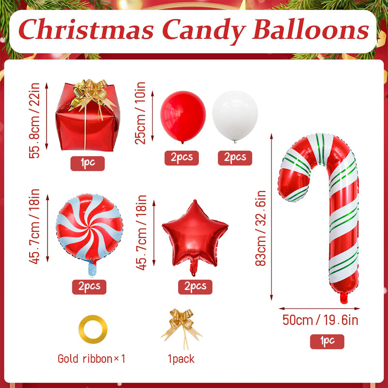 „Candy Cane“ ir „Star“ balionų rinkinys, milžiniškas „Candy Cane“ folijos balionas Kalėdoms, gimtadieniui, Naujųjų metų 2025 m. šventės dekoravimui.