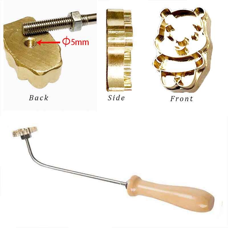 3 cm-es sárgaréz bélyegző sütemény kenyér forró vasforma M5 hátsó menetes lyuk 304 rozsdamentes acél fogantyú, tűzzel égető réz sütőforma