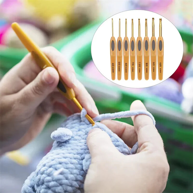 Háčkovacie háčiky Pletacie nástroje Hliníkové ergonomické ihlice na svetre Hnedá plastová rukoväť Ergonomické ihlice na svetre s háčikom