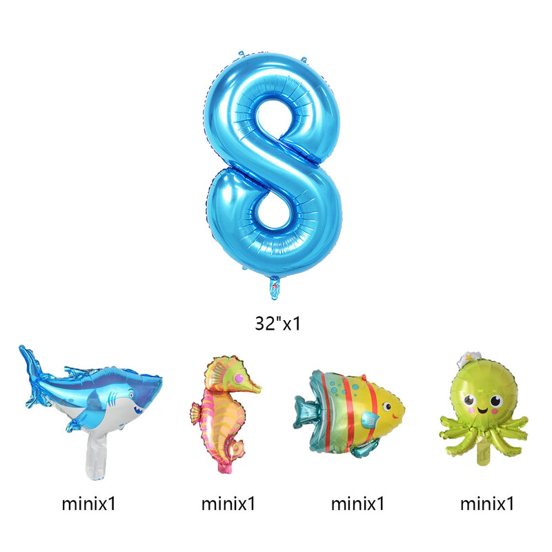 5 vnt Mini jūros gyvūnų balionų rinkinys 32 colių mėlynos spalvos balionų aštuonkojai jūrų arkliuko žuvies folijos balionai, skirti vaikų gimtadienio vakarėliams