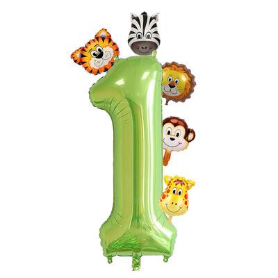 Set de 7 bucăți, număr verde de 40 inch, cu mini baloane cu animale din junglă, tigru, leu, girafă, maimuță, zebră, baloane pentru decorațiuni de naștere pentru copii