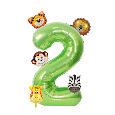 Set de 7 bucăți, număr verde de 40 inch, cu mini baloane cu animale din junglă, tigru, leu, girafă, maimuță, zebră, baloane pentru decorațiuni de naștere pentru copii