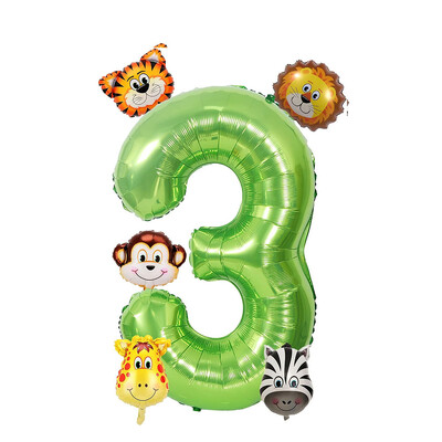 Set de 7 bucăți, număr verde de 40 inch, cu mini baloane cu animale din junglă, tigru, leu, girafă, maimuță, zebră, baloane pentru decorațiuni de naștere pentru copii