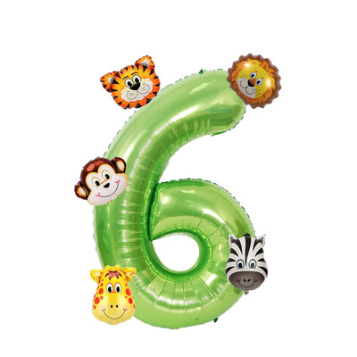 Set de 7 bucăți, număr verde de 40 inch, cu mini baloane cu animale din junglă, tigru, leu, girafă, maimuță, zebră, baloane pentru decorațiuni de naștere pentru copii