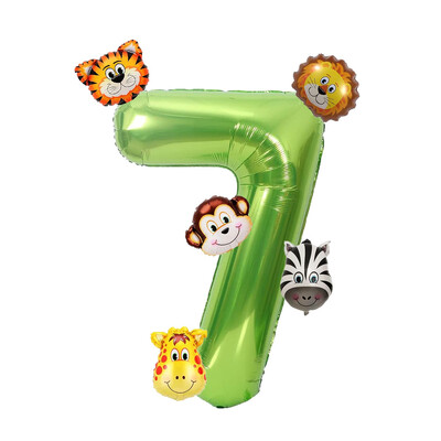 Set de 7 bucăți, număr verde de 40 inch, cu mini baloane cu animale din junglă, tigru, leu, girafă, maimuță, zebră, baloane pentru decorațiuni de naștere pentru copii