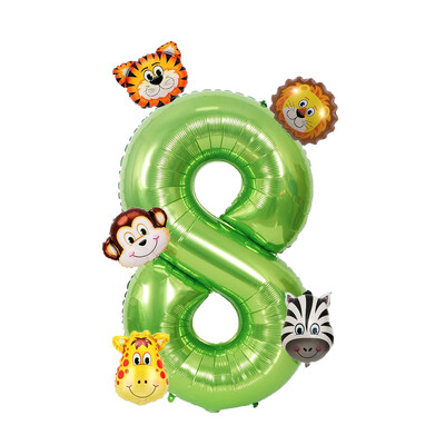Set de 7 bucăți, număr verde de 40 inch, cu mini baloane cu animale din junglă, tigru, leu, girafă, maimuță, zebră, baloane pentru decorațiuni de naștere pentru copii