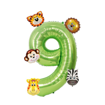 Set de 7 bucăți, număr verde de 40 inch, cu mini baloane cu animale din junglă, tigru, leu, girafă, maimuță, zebră, baloane pentru decorațiuni de naștere pentru copii