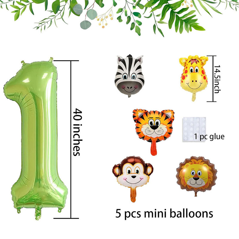Set de 7 bucăți, număr verde de 40 inch, cu mini baloane cu animale din junglă, tigru, leu, girafă, maimuță, zebră, baloane pentru decorațiuni de naștere pentru copii