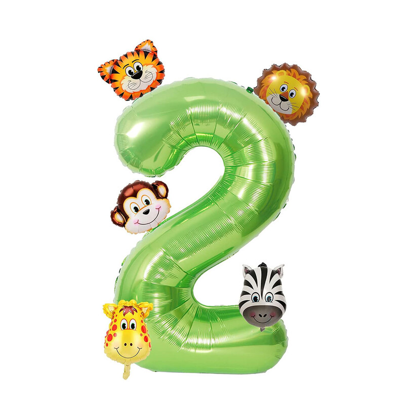 Set de 7 bucăți, număr verde de 40 inch, cu mini baloane cu animale din junglă, tigru, leu, girafă, maimuță, zebră, baloane pentru decorațiuni de naștere pentru copii