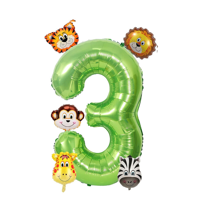 Set de 7 bucăți, număr verde de 40 inch, cu mini baloane cu animale din junglă, tigru, leu, girafă, maimuță, zebră, baloane pentru decorațiuni de naștere pentru copii