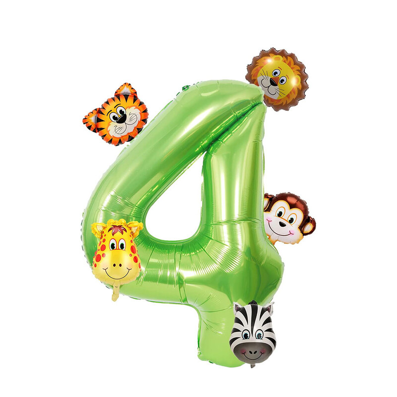 Set de 7 bucăți, număr verde de 40 inch, cu mini baloane cu animale din junglă, tigru, leu, girafă, maimuță, zebră, baloane pentru decorațiuni de naștere pentru copii