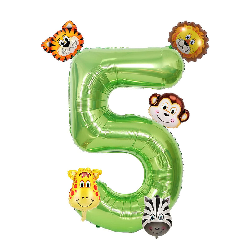 Set de 7 bucăți, număr verde de 40 inch, cu mini baloane cu animale din junglă, tigru, leu, girafă, maimuță, zebră, baloane pentru decorațiuni de naștere pentru copii