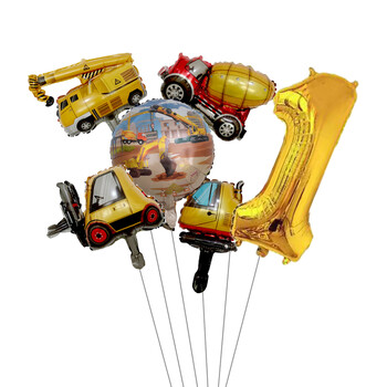 6 τμχ Mini Carton Vehicle Balloon with 32inch Gold Number Set for Boy\'s Construction Θέμα Διακοσμήσεις πάρτι γενεθλίων