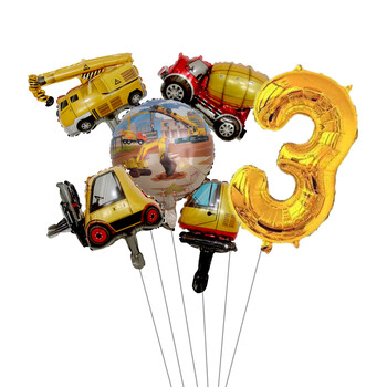 6 τμχ Mini Carton Vehicle Balloon with 32inch Gold Number Set for Boy\'s Construction Θέμα Διακοσμήσεις πάρτι γενεθλίων