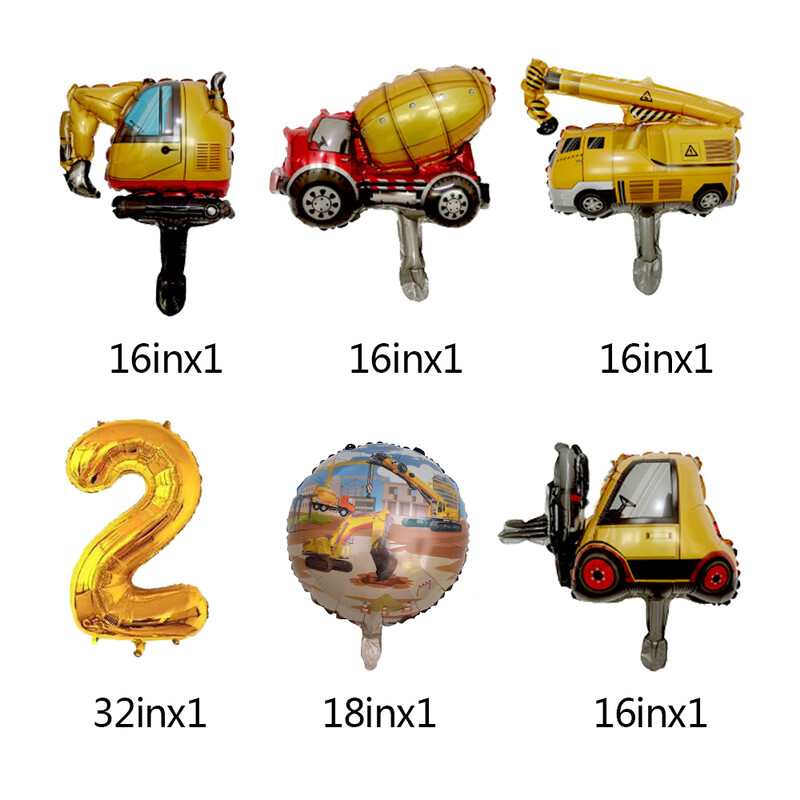 6 ks mini kartónových balónov v tvare vozidla s 32-palcovou zlatou sadou balónov s číslom na chlapčenskú narodeninovú oslavu s témou stavby.