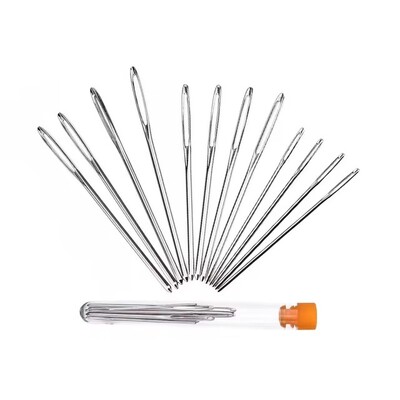 9 db nagy szemű, tompa varrótű keresztszemes kötőtű, kézzel készített bőr hímző cérna tűvarró kellékek