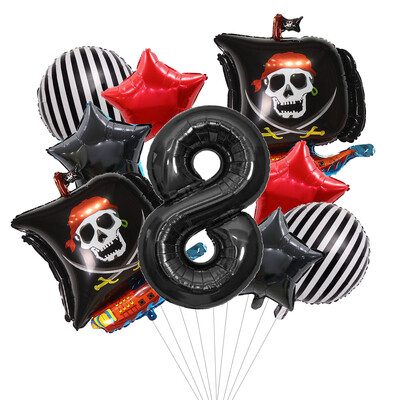 Set de 9 bucăți de baloane de pirat de desene animate, baloane cu numere de 32 inch, decorațiuni pentru petrecerea de naștere pentru băiat, pentru baby shower, cu temă de pirat, balon de Halloween