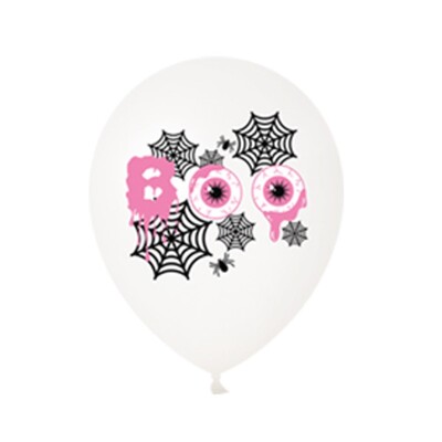 Sada ružových halloweenskych balónov, halloweenska párty dekorácia, balón s motívom sov, ducha, pavúka, lebky a čiernej mačky, 30 cm, 10 ks.