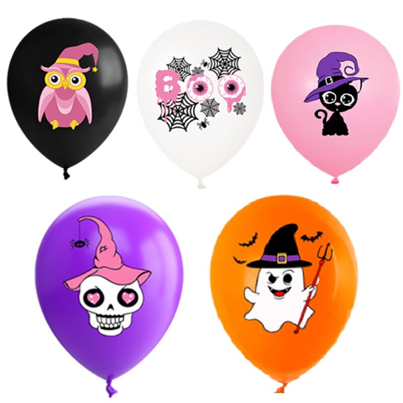 Sada ružových halloweenskych balónov, halloweenska párty dekorácia, balón s motívom sov, ducha, pavúka, lebky a čiernej mačky, 30 cm, 10 ks.