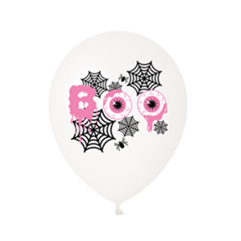 Sada ružových halloweenskych balónov, halloweenska párty dekorácia, balón s motívom sov, ducha, pavúka, lebky a čiernej mačky, 30 cm, 10 ks.
