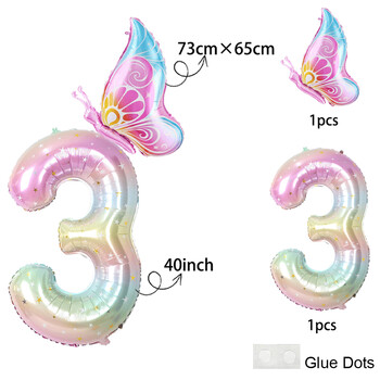 40 ιντσών Gradient Colorful Big Number 1-9 Foil Balloon Pink Butterfly Balloon for Girls Fairy Birthday Decoration Party Supplies