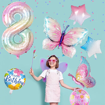 40 ιντσών Gradient Colorful Big Number 1-9 Foil Balloon Pink Butterfly Balloon for Girls Fairy Birthday Decoration Party Supplies