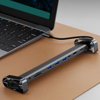 USB C Docking Station 10-in-1 Type-C Hub σε συμβατό με HDMI προσαρμογέα RJ45 3,5mm AUX USB 3.0 για Macbook / HUAWEI Laptop Stand