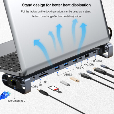 USB C dokstacijas 10 in-1 C tipa centrmezgls ar HDMI saderīgu RJ45 3,5 mm AUX USB 3.0 adapteris Macbook/HUAWEI klēpjdatora statīvs