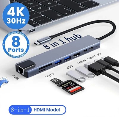 Hub-uri USB C 8-în-1 Stații de andocare Adaptor compatibil HDMI 4K Splitter tip C USB C la HDMI pentru accesorii computer Macbook