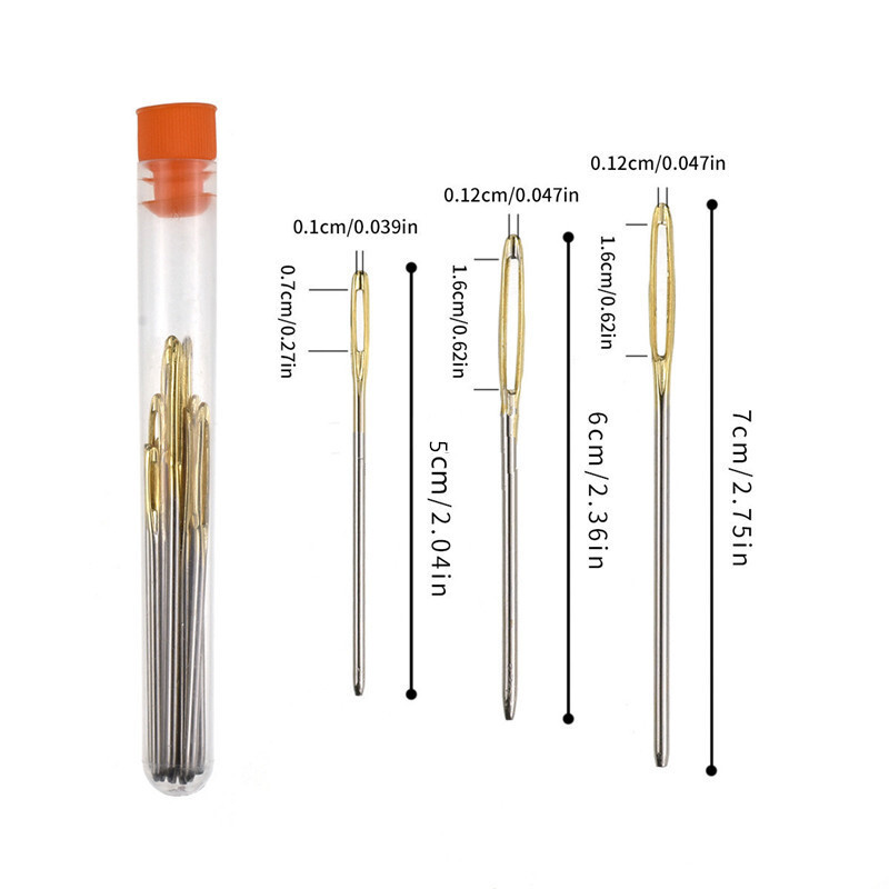 9 db nagy szemű, tompa varrótű keresztszemes kötőtű, kézzel készített bőr hímző cérna tűvarró kellékek