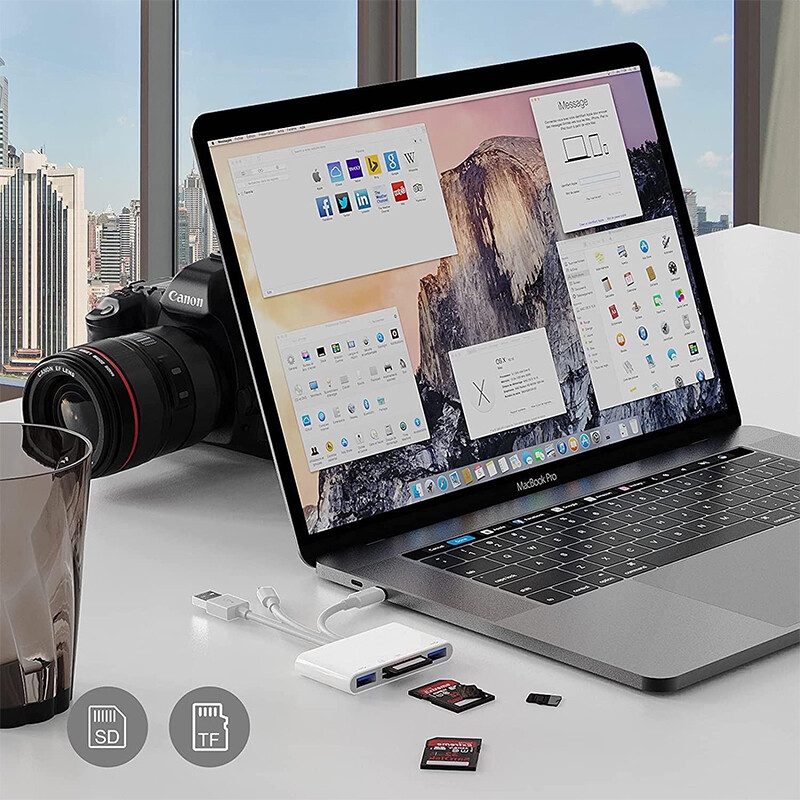 5 viename SD kortelių skaitytuvo USB koncentratorius, skirtas iPhone iPad MacBook USB 3.0 Type C į SD TF kortelės atminties skaitytuvas Flash Drive OTG adapteris