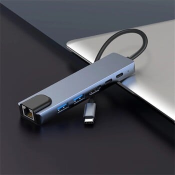 USB C хъб 4K@60Hz, 6-в-1 USB C хъб многопортов адаптер с 2 USB /1 HDMI порта, Type-c/PD/RJ45, USB C ключ за лаптоп таблет I