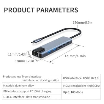 USB C хъб 4K@60Hz, 6-в-1 USB C хъб многопортов адаптер с 2 USB /1 HDMI порта, Type-c/PD/RJ45, USB C ключ за лаптоп таблет I