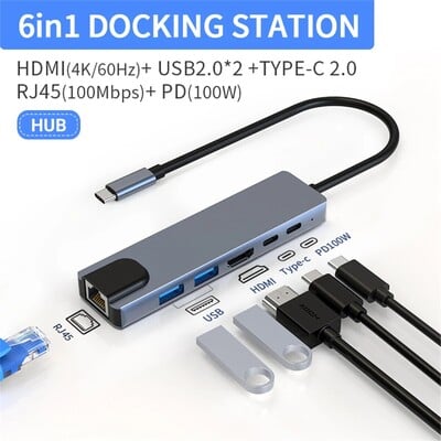 USB C centrmezgls 4K@60Hz, 6 in-1 USB C centrmezgla vairāku portu adapteris ar 2 USB/1 HDMI pieslēgvietām, tips c/PD/RJ45, USB C sargspraudnis klēpjdatora planšetdatoram I