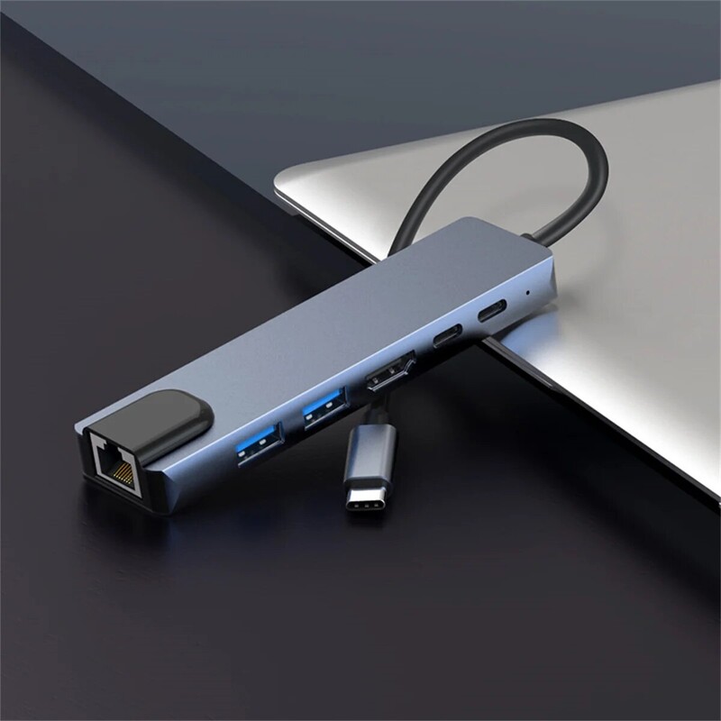 Hub USB C 4K@60Hz, Adaptor multiport Hub USB C 6-în-1 cu 2 porturi USB/1 HDMI, tip c/PD/RJ45, dongle USB C pentru tabletă laptop I