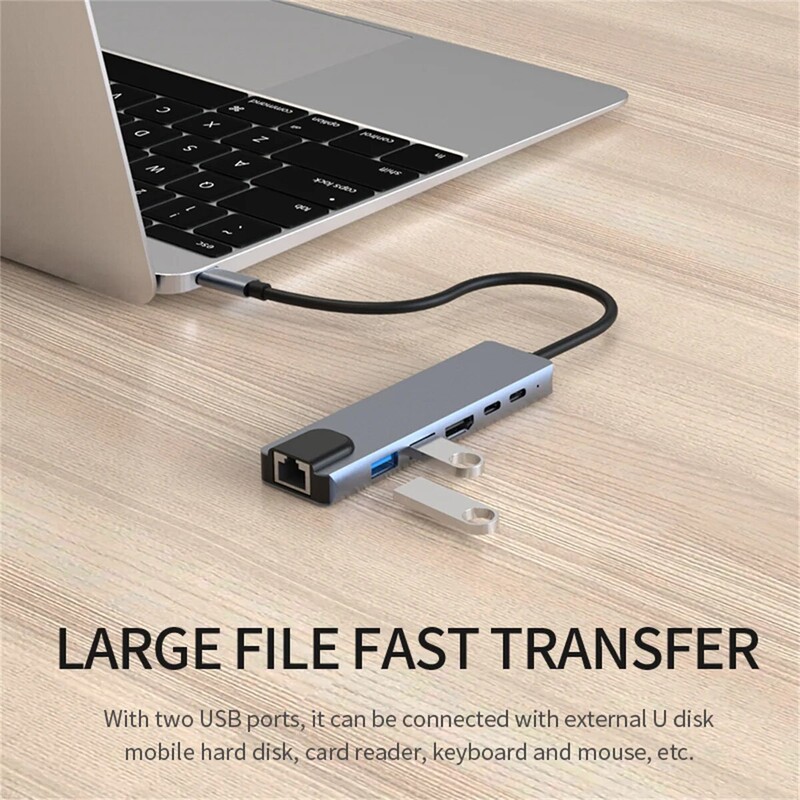 Hub USB C 4K@60Hz, Adaptor multiport Hub USB C 6-în-1 cu 2 porturi USB/1 HDMI, tip c/PD/RJ45, dongle USB C pentru tabletă laptop I