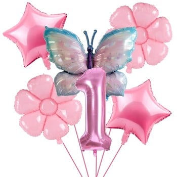 Butterfly Balloons Pink Butterfly Flower Foil Mylar Balloon 1-9 Number Balloons Helium for Happy Birthday Party Decorations