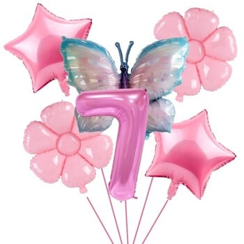 Butterfly Balloons Pink Butterfly Flower Foil Mylar Balloon 1-9 Number Balloons Helium for Happy Birthday Party Decorations