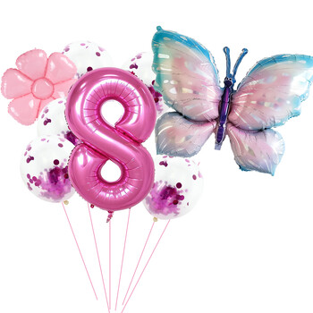 Butterfly Balloons Pink Butterfly Flower Foil Mylar Balloon 1-9 Number Balloons Helium for Happy Birthday Party Decorations