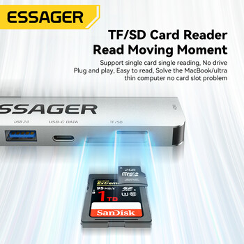 Essager 7 в 1 USB тип C хъб PD60W сплитер за бързо зареждане лаптоп HDMI високоскоростен сплитер 5Gbps за компютър USB 3.2 Gen1 2.0 портове