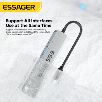 Essager 7 в 1 USB тип C хъб PD60W сплитер за бързо зареждане лаптоп HDMI високоскоростен сплитер 5Gbps за компютър USB 3.2 Gen1 2.0 портове