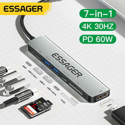 Essager 7 az 1-ben USB Type C hub PD60W gyorstöltő elosztó laptop HDMI nagy sebességű elosztó 5 Gbps PC-hez USB 3.2 Gen1 2.0 portok